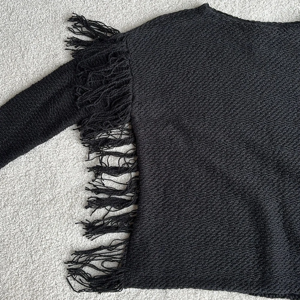 Ralph Lauren Black Chunky Knit Cotton Western Fringe Sweater Concert‎ Women M